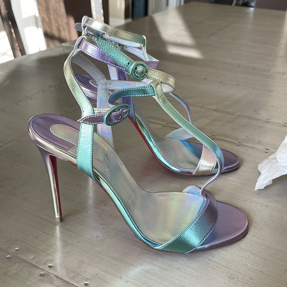 EUC christian louboutin mara 100mm iridescent sandal stiletto sz 38
